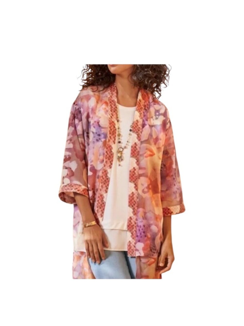 Soft Surroundings Watercolor Print Chiffon Kimono Pink Size L Boho Coastal Beach